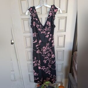 Hypnotix Dress Stretchy Blend SzL Black/Pink Floral Sleeveless HEm/Sleeve Ruffle